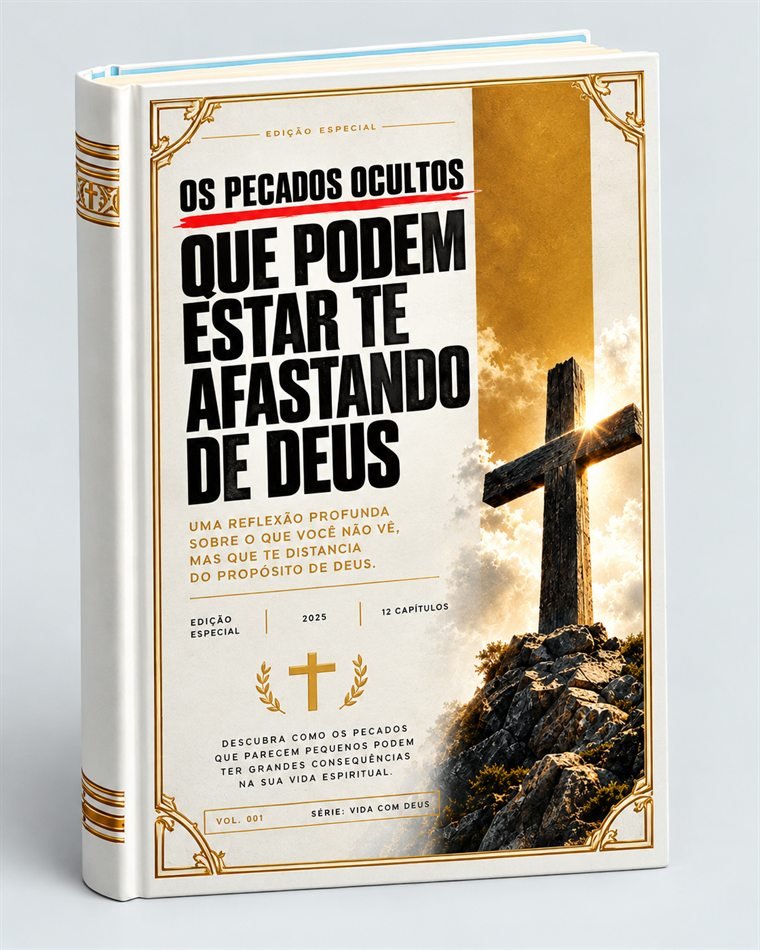 Capa do e-book Os Pecados Ocultos que podem estar te afastando de Deus, com uma cruz de madeira sob luz dourada